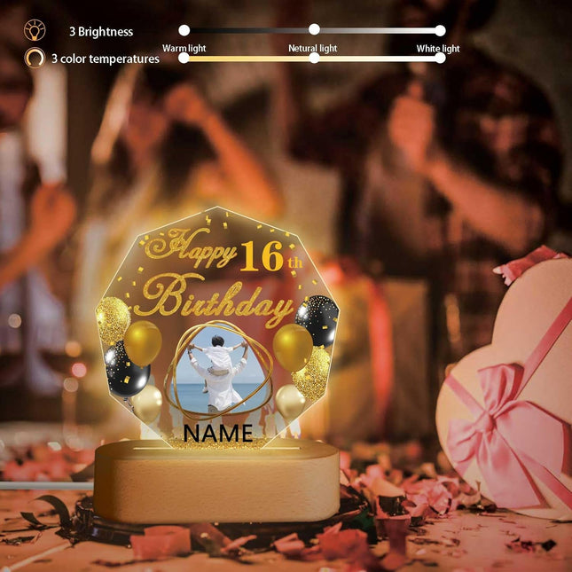 UUBAO Personalized Happy Birthday Night Light Gift with Photo Customized Acrylic Lamp for Her Mom Daughter Grandma Nana(Black and Gold)