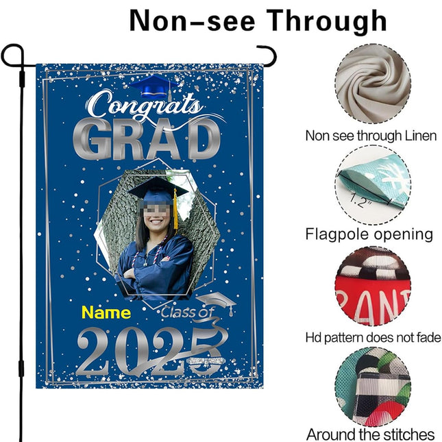 UUBAO Custom Graduation Garden Flag with Photo Class of 2025 Congrats Grad Double Sided Yard Flag Decorative Gifts (Blue and Silver)