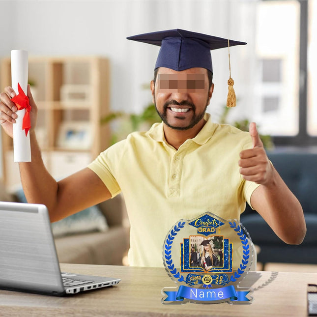 UUBAO Customized Graduation Plaque with Single Picture Custom Picture 2025 Congrats Grad Crystal Desktop Farewell Keepsake Gift (Blue and Gold)