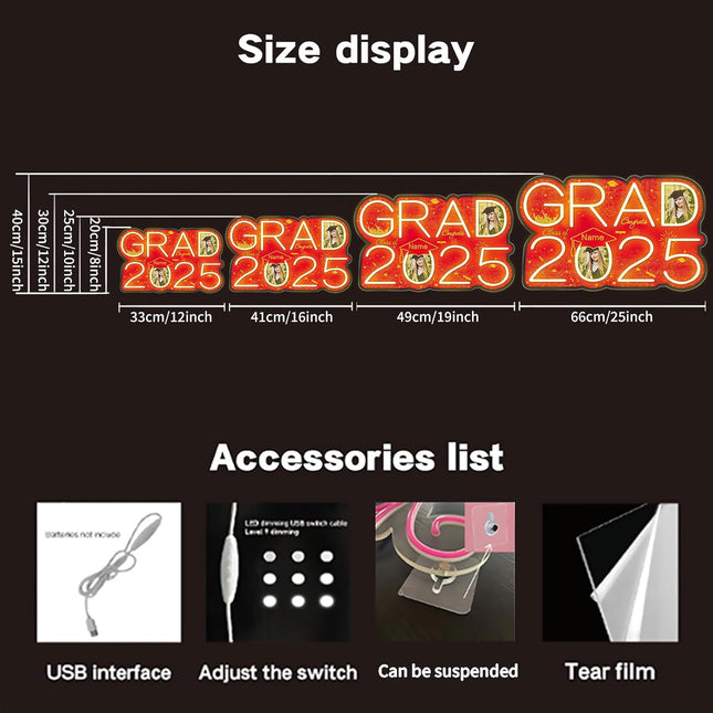 UUBAO Personalized Graduation Gift Neon Signs Congrats Grad LED Light Signs with Photo 2025 Party Backdrop Light Sign Decor (Red)