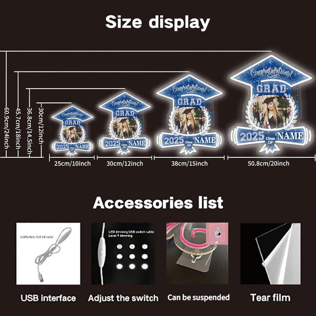 UUBAO Custom Graduation Gift LED Neon Signs Class of 2025 Personalized Photo Congrats Grad USB Powered (Blue and Silver)