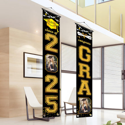 UUBAO Custom Graduation Party Decorations 2025 Personalization Congrats Grad Banner Graduation Front Door Porch Sign Backdrop(Black and Gold)