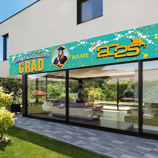 UUBAO Custom Graduation Party Decorations 2025 Personalization Congrats Grad Banner Graduation Backdrop(Peacock Blue and Gold)