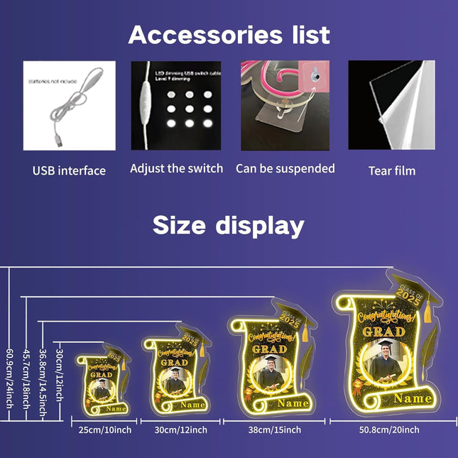 UUBAO Custom Graduation Gift LED Neon Signs Class of 2025 Personalized Photo Congrats Grad USB Powered (Black and Gold)