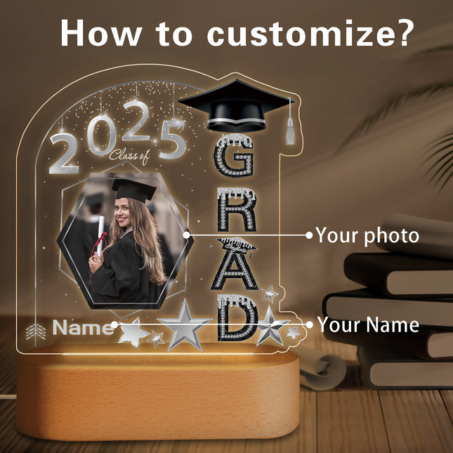 UUBAO Graduation Gifts Personalized Night Light Class of 2025 Custom Photo Name Gifts for Him Her Gifts for College, High School (Black and Silver)