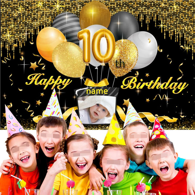 UUBAO Custom Black Gold Theme Birthday Banner for Party Happy Birthday Backdrop Decoration Personalized with Name and Photo