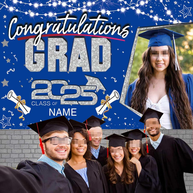UUBAO Custom Graduation Party Decorations Personalization Banner Class of 2025 Backdrop (Blue and Silver)