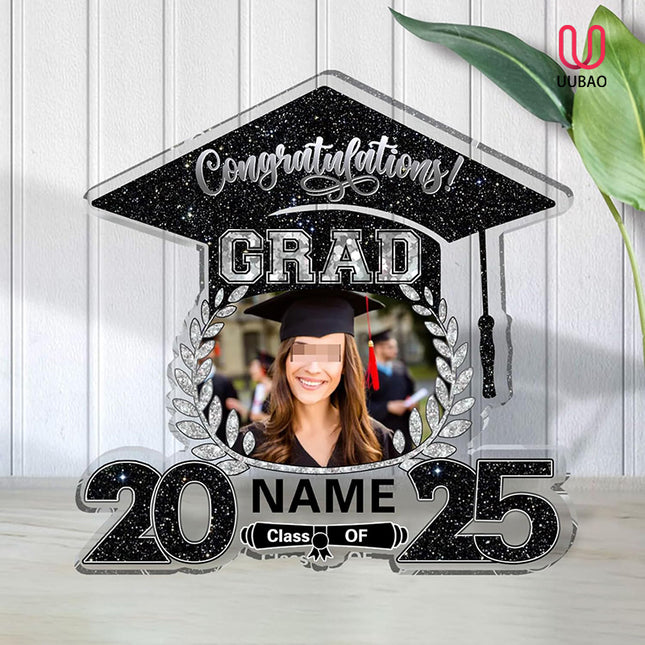 UUBAO Customized Graduation Plaque with Photo Crystal Desktop Keepsake Gift (Black and Silver)