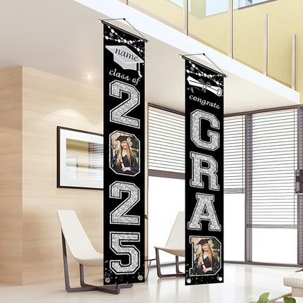 UUBAO Custom Graduation Party Decorations 2025 Personalization Congrats Grad Banner Graduation Front Door Porch Sign Backdrop(Black and Silver)