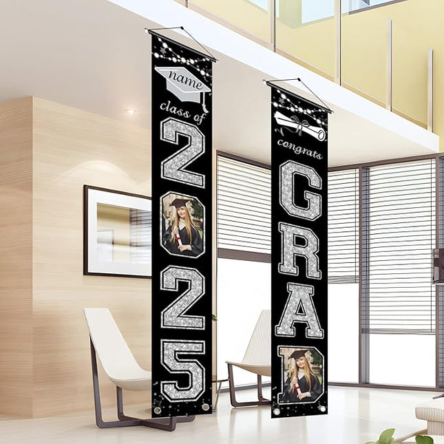 UUBAO Custom Graduation Party Decorations 2025 Personalization Congrats Grad Banner Graduation Front Door Porch Sign Backdrop(Black and Silver)
