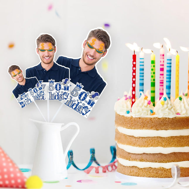 UUBAO Personalized Double Sided Happy Birthday Photo Prop Face Fan Customized Birthday Fun Supplies(Blue and Silver)