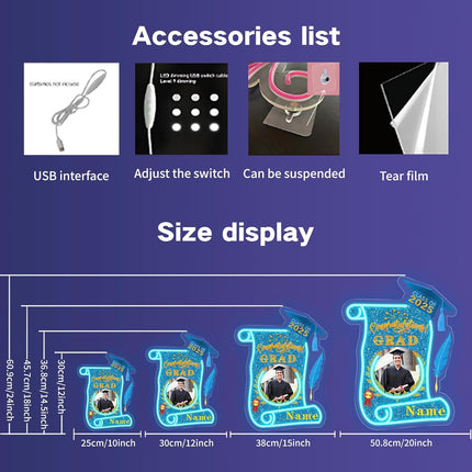UUBAO Custom Graduation Gift LED Neon Signs Class of 2025 Personalized Photo Congrats Grad USB Powered (Sky Blue)
