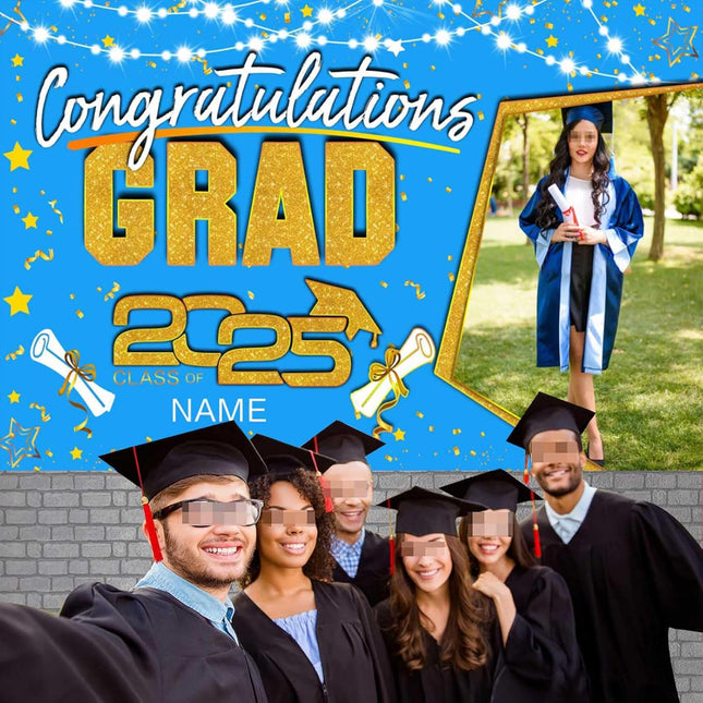 UUBAO Custom Graduation Party Decorations Personalization Banner Class of 2025 Backdrop (Sky Blue and Gold)