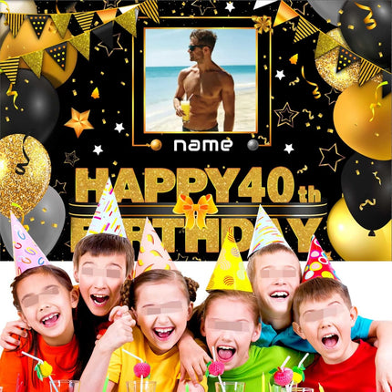 UUBAO Custom Black Gold Theme Birthday Banner for Party Happy Birthday Backdrop Decoration Personalized with Name and Photo