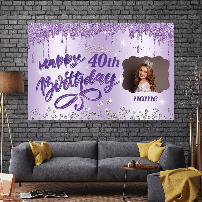UUBAO Custom Happy Birthday Backdrop Personalization Glitter DiamondBanner for Girls Women(Purple)