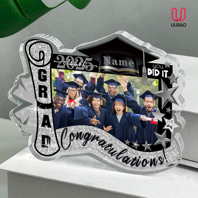 UUBAO Customized Graduation Plaque with Photo Crystal Desktop Keepsake Gift (Black and Silver)