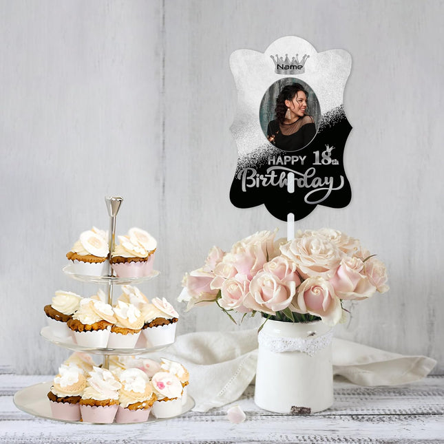 UUBAO Custom Happy Birthday Face Cutout Fans Personalized Photo Prop Signs for Birthday Party(Black and Silver)