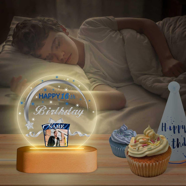 UUBAO Personalized Happy Birthday Night Light Gift with Photo Customized Acrylic Lamp for Her Mom Daughter Grandma Nana(Navy Blue and Silver)