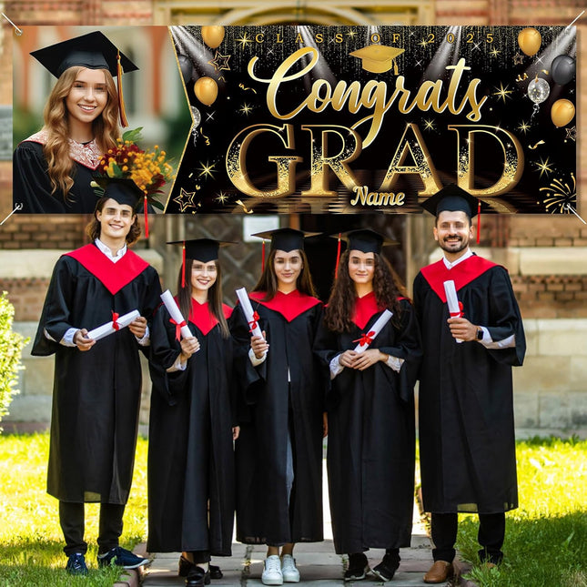 UUBAO Custom Graduation Party Decorations Personalization Banner Class of 2025 Backdrop (Black and Gold）