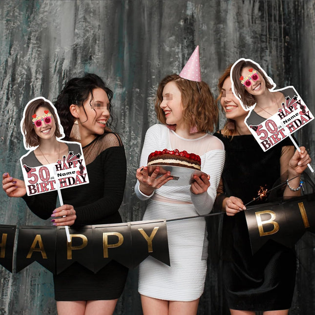 UUBAO Custom Happy Birthday Face Cutout Fans Personalized Photo Prop Signs for Birthday Party(Black and Rose Gold)