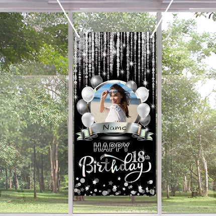 UUBAO Custom Happy Birthday Door Banner Backdrop Birthday Decorations Party Supplies for Women Men(Black and Silver)