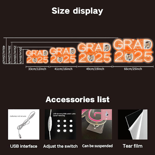 UUBAO Personalized Graduation Gift Neon Signs Congrats Grad LED Light Signs with Photo 2025 Party Backdrop Light Sign Decor (Orange)