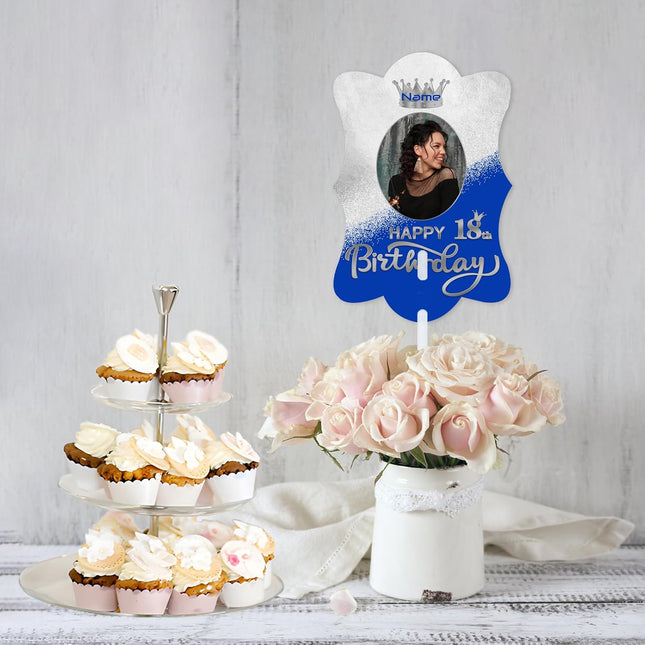 UUBAO Custom Happy Birthday Face Cutout Fans Personalized Photo Prop Signs for Birthday Party(Blue and Silver)