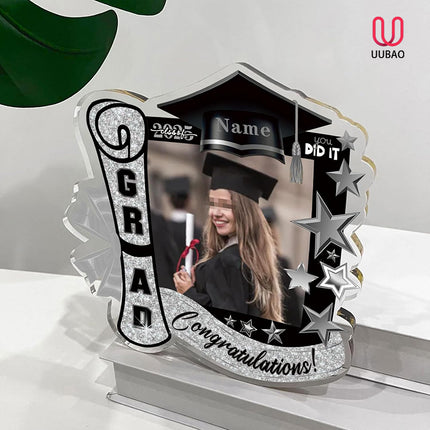UUBAO Customized Graduation Plaque with Single Picture Custom Picture 2025 Congrats Grad Crystal Desktop Farewell Keepsake Gift (Black and Silver)