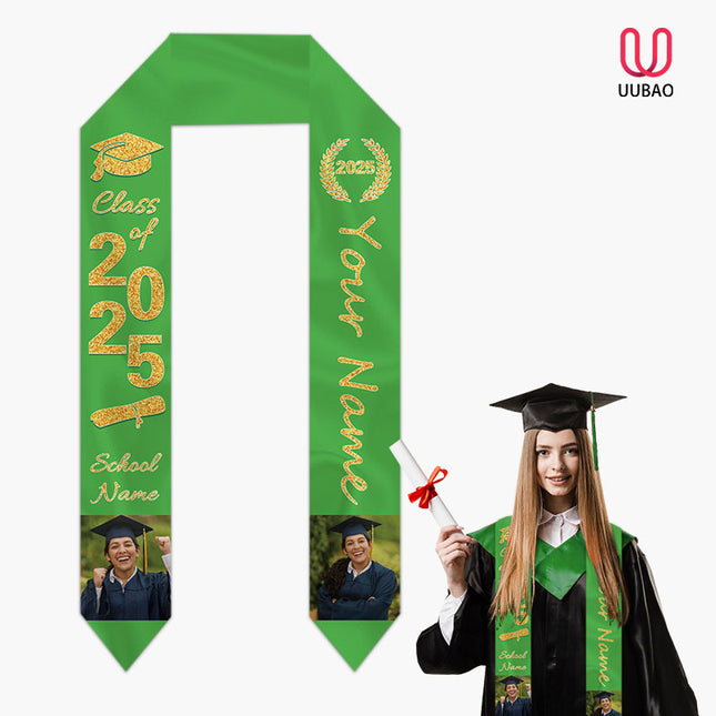 UUBAO Personalized Photo Name Graduation Shawl Custom Multi-color Option Graduation Stole Class Of 2025 Honor Shoulder Strap Decoration (Light Green)