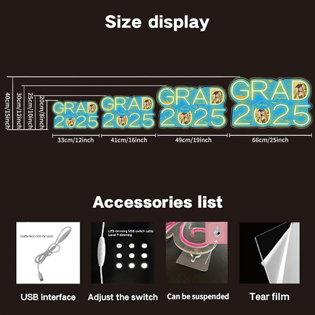 UUBAO Personalized Graduation Gift Neon Signs Congrats Grad LED Light Signs with Photo 2025 Party Backdrop Light Sign Decor (Sky Blue)