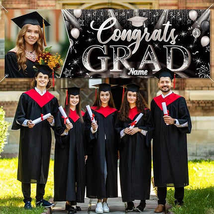 UUBAO Custom Graduation Party Decorations Personalization Banner Class of 2025 Backdrop (Black and Silver）