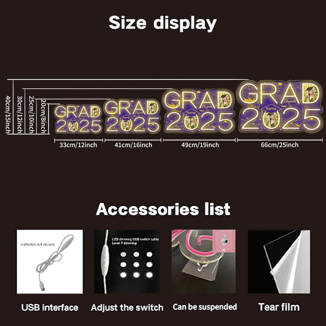 UUBAO Personalized Graduation Gift Neon Signs Congrats Grad LED Light Signs with Photo 2025 Party Backdrop Light Sign Decor (Purple)