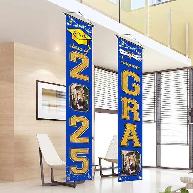 UUBAO Custom Graduation Party Decorations 2025 Personalization Congrats Grad Banner Graduation Front Door Porch Sign Backdrop(Blue and Gold)