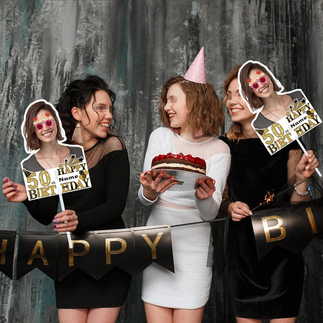 UUBAO Custom Happy Birthday Face Cutout Fans Personalized Photo Prop Signs for Birthday Party(Black and Gold)