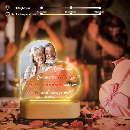 UUBAO Personalized Mother's Day Night Light Gift with Wooden Base Custom Photo Acrylic Plaque LED Night Lamp Gift for Grandma