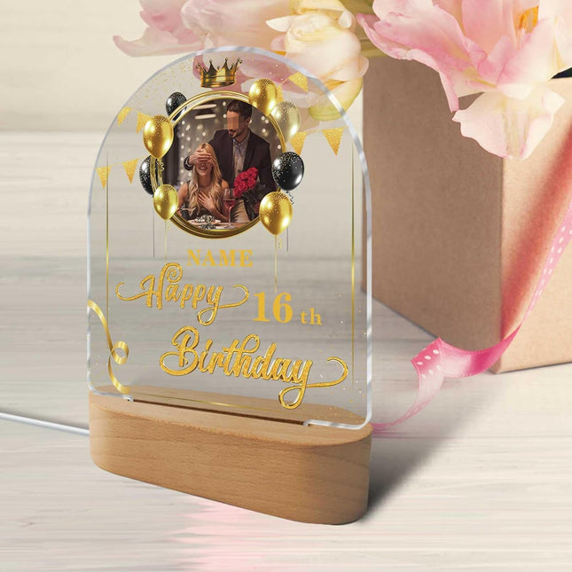 UUBAO Personalized Happy Birthday Night Light Gift with Photo Customized Acrylic Lamp for Her Mom Daughter Grandma Nana(Black and Gold)