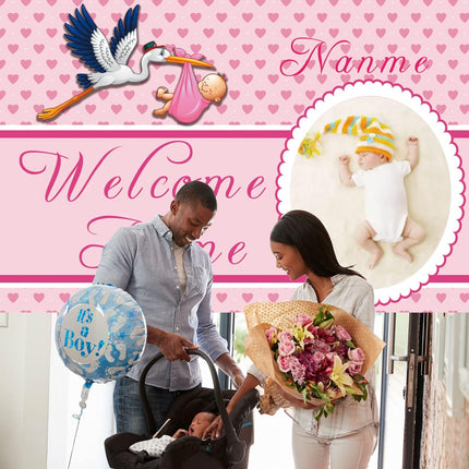 UUBAO Custom Welcome Home Baby Girl Garden Flag Shower Birth Announcement Family Party Newborn Gender Reveal Lawn Yard Sign Pink Stork Outdoor Decoration Burlap Banner Pink-Baby