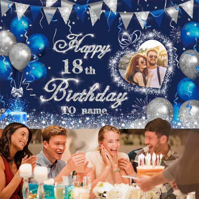 UUBAO Custom Navy Blue Theme Birthday Banner for Party Happy Birthday Backdrop Decoration Personalized with Name and Photo
