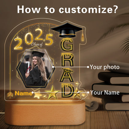 UUBAO Graduation Gifts Personalized Night Light Class of 2025 Custom Photo Name Gifts for Him Her Gifts for College, High School (Black and Gold)
