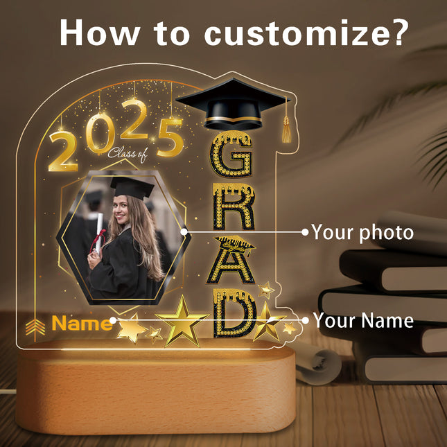UUBAO Graduation Gifts Personalized Night Light Class of 2025 Custom Photo Name Gifts for Him Her Gifts for College, High School (Black and Gold)