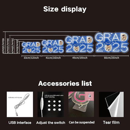 UUBAO Personalized Graduation Gift Neon Signs Congrats Grad LED Light Signs with Photo 2025 Party Backdrop Light Sign Decor (Blue and Silver)