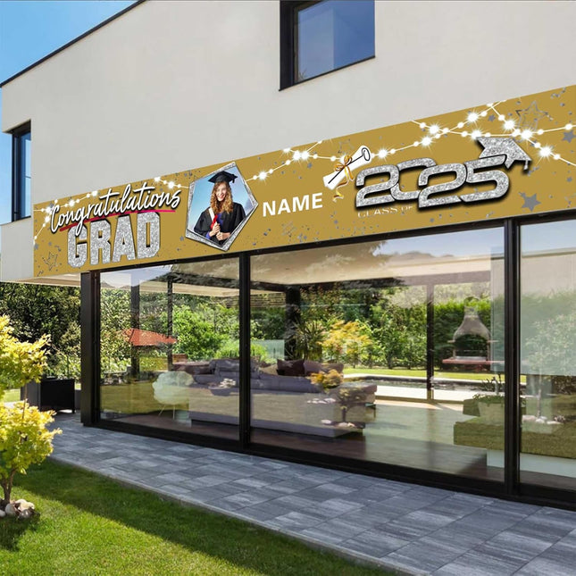 UUBAO Custom Graduation Party Decorations 2025 Personalization Congrats Grad Banner Graduation Backdrop(Champagne and Silver)