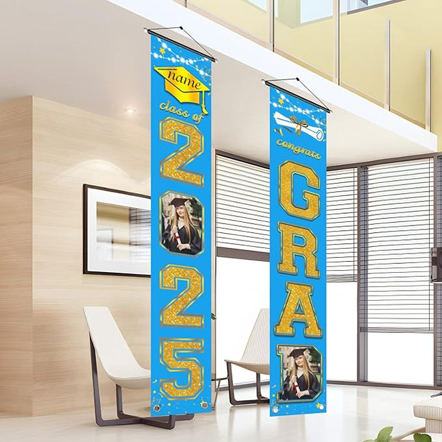 UUBAO Custom Graduation Party Decorations 2025 Personalization Congrats Grad Banner Graduation Front Door Porch Sign Backdrop(Sky Blue and Gold)