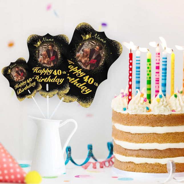 UUBAO Personalized Double Sided Happy Birthday Photo Prop Face Fan Customized Birthday Fun Supplies(Black and Gold)