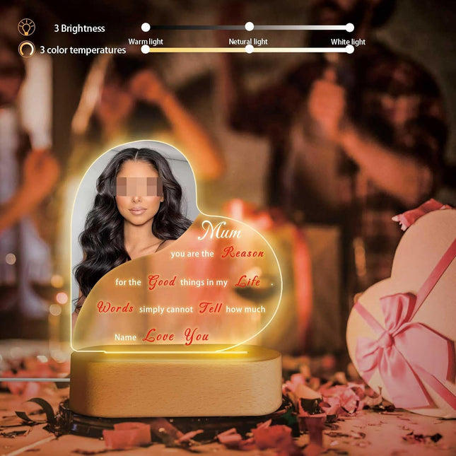 UUBAO Personalized Mother's Day Night Light Gift with Wooden Base Custom Photo Acrylic Plaque LED Night Lamp Gift for Mom