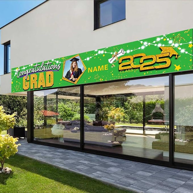UUBAO Custom Graduation Party Decorations 2025 Personalization Congrats Grad Banner Graduation Backdrop(Light Green and Gold)