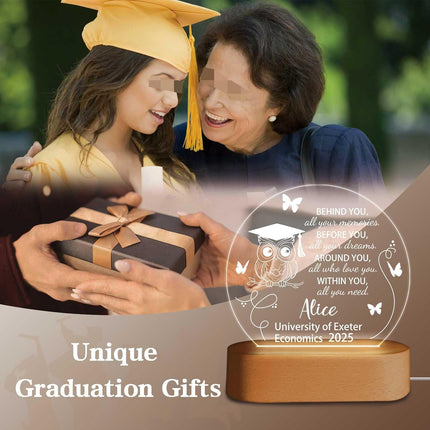 UUBAO Personalized Graduation Lamp Gifts for Her or Him Class of 2025 Custom Name College & Year Congrats Grad 3D Illusion Night Light Decoration for High School Graduation or University (Owl)