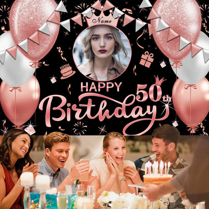 UUBAO Custom Rose Gold Happy Birthday Banner Backdrop Birthday Decorations Party Supplies for Girl Women