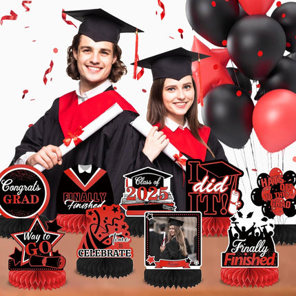 UUBAO 9 PCS Custom Graduation Party Honeycomb Centerpieces Class of 2025 Congrats Grad Decorations Congratulate Graduation Table Toppers for Graduation Party Favor Supplies (Red)