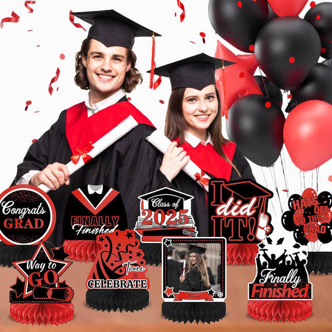 UUBAO 9 PCS Custom Graduation Party Honeycomb Centerpieces Class of 2025 Congrats Grad Decorations Congratulate Graduation Table Toppers for Graduation Party Favor Supplies (Red)